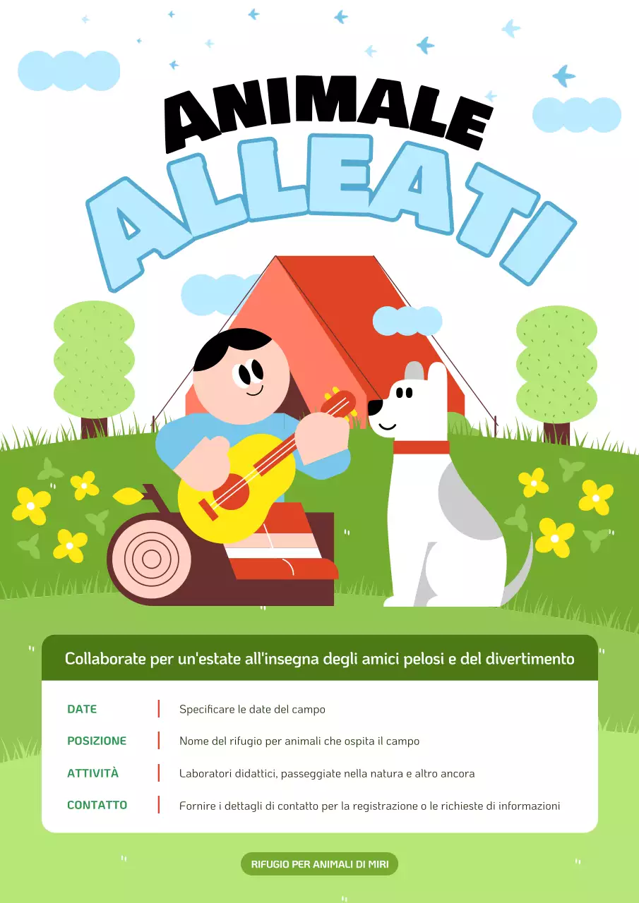 Promuovete il campo estivo dell'Animal Care Centre con colori chartreuse e azzurro.