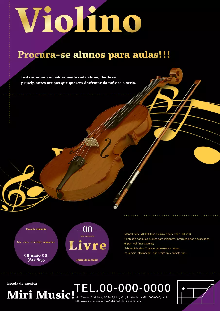 Um anúncio de aula de violino simples e clássico em dourado e preto.