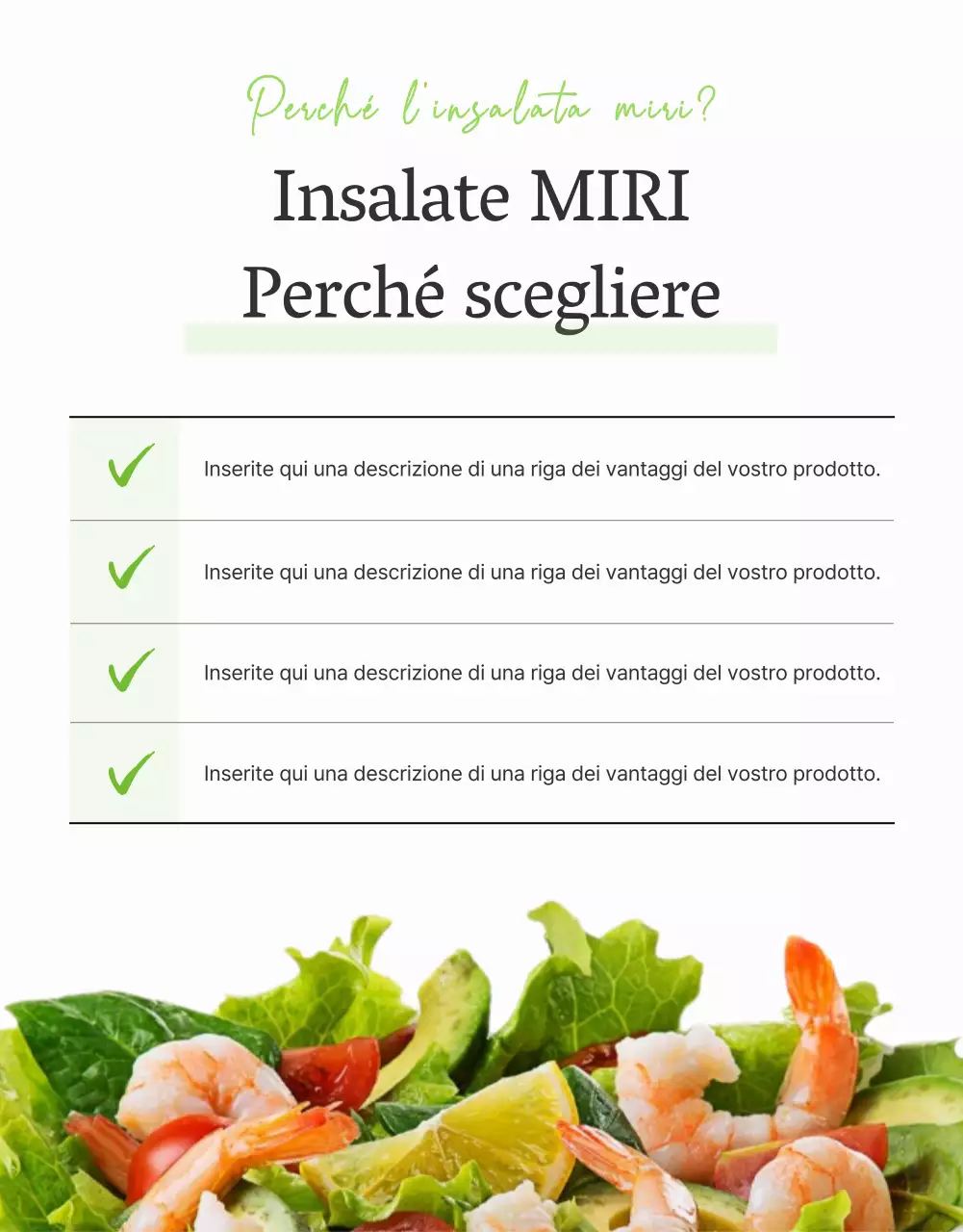 Promuovere un'insalata semplice con descrizione introduttiva bianca e chartreuse