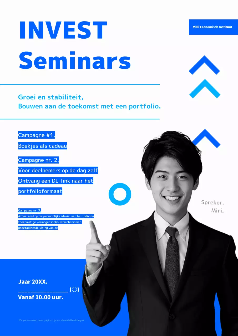 Publiciteit voor eenvoudige briefings over blauwe en zwarte beleggingsportefeuilles