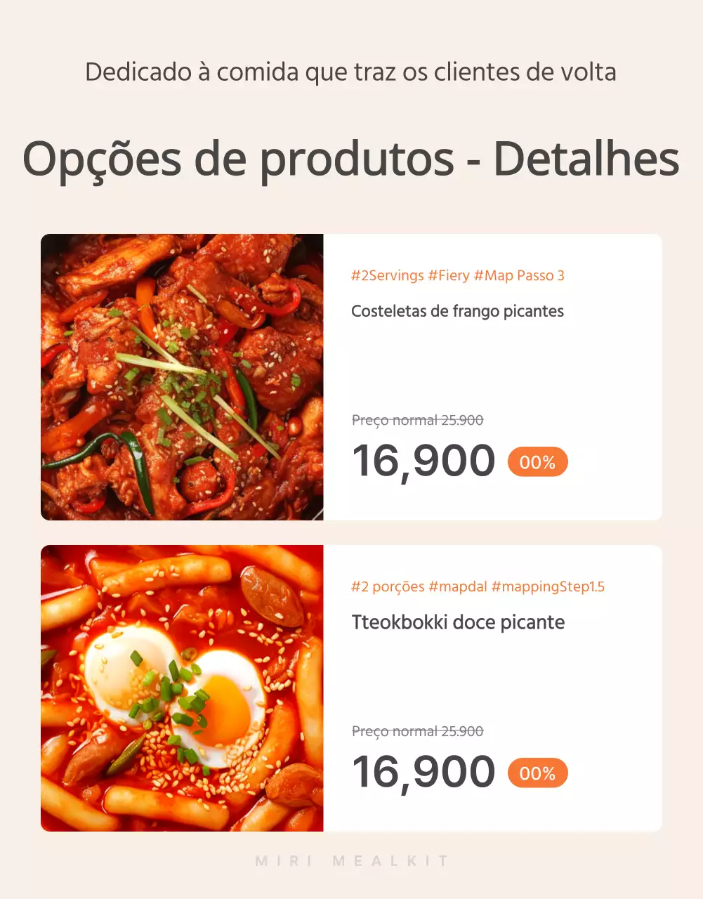 Descrever e promover os alimentos básicos dos kits de refeições em Orange e Ivory