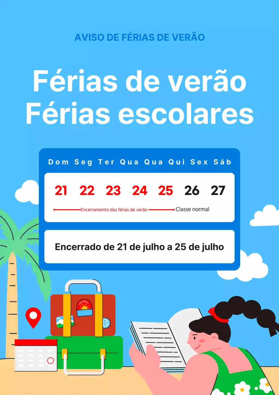 Anúncio de encerramento das férias de verão em azul claro e branco