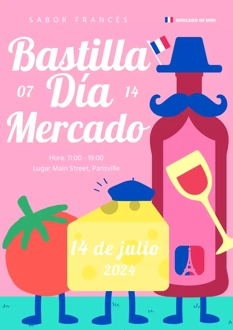 Promover un mercado kitsch del Día de la Revolución en azul y rosa