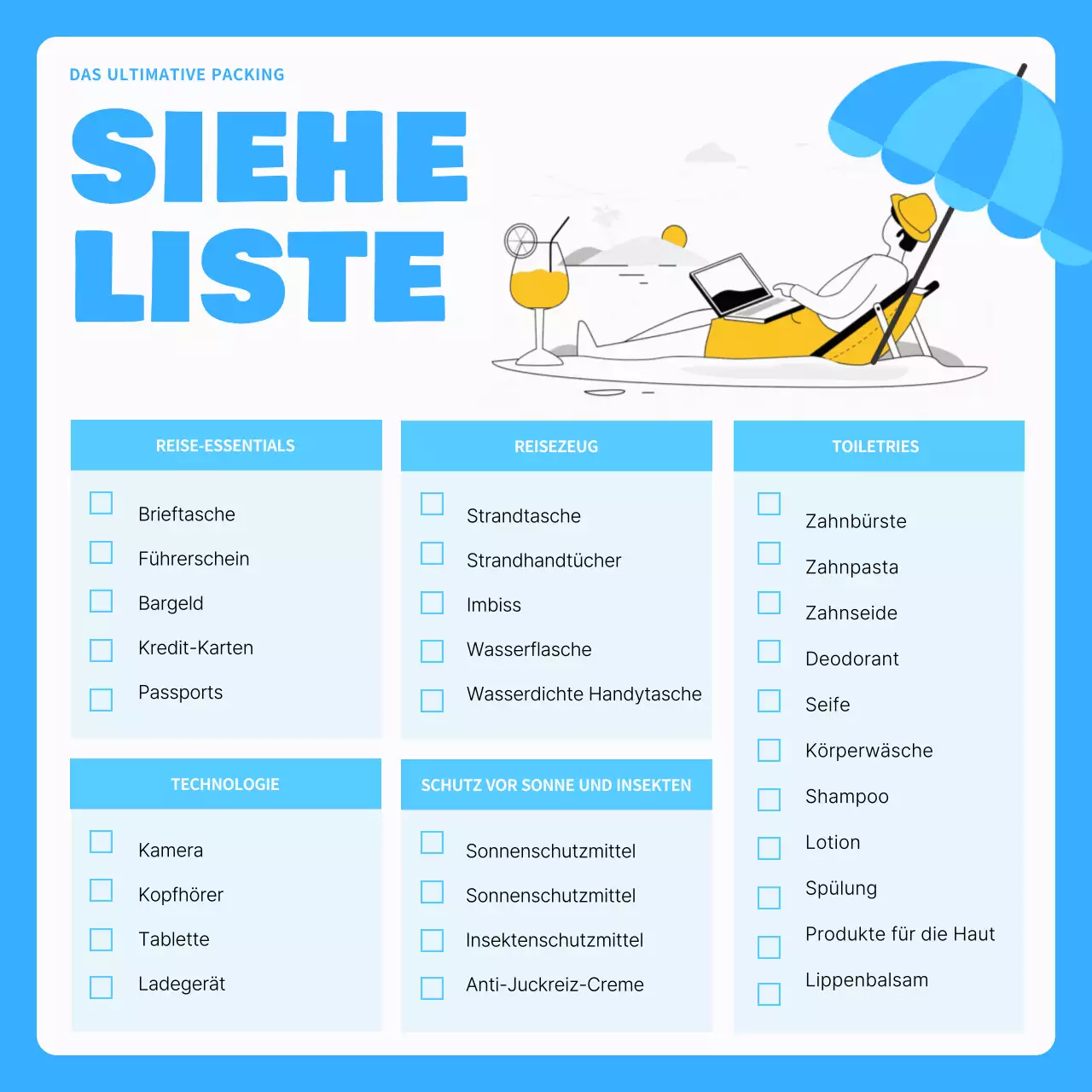 Eine einfache weiße und hellblaue Checkliste für die Sommerferien