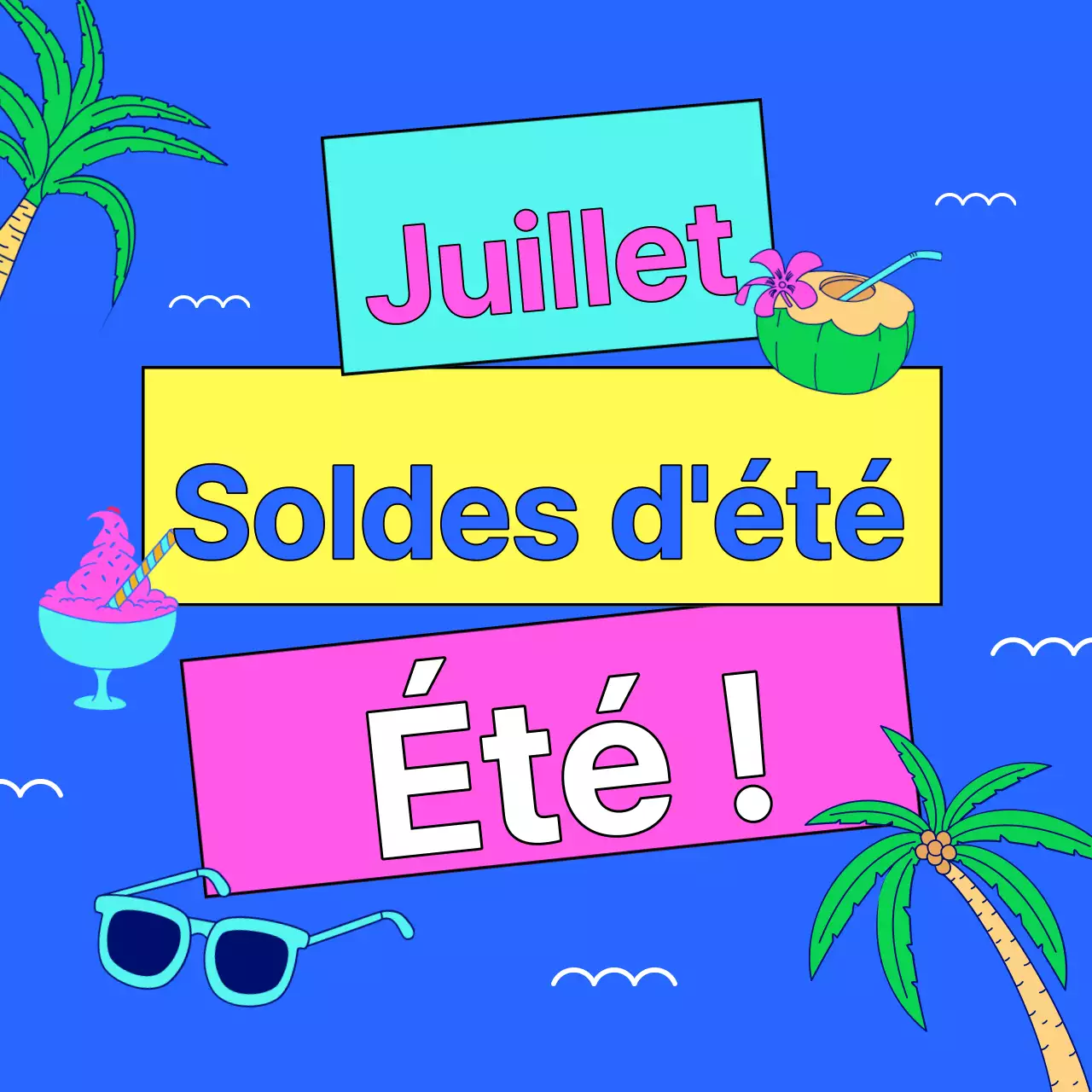 Une collection de vignettes d'événements estivaux avec un accent bleu clair et rose vif.