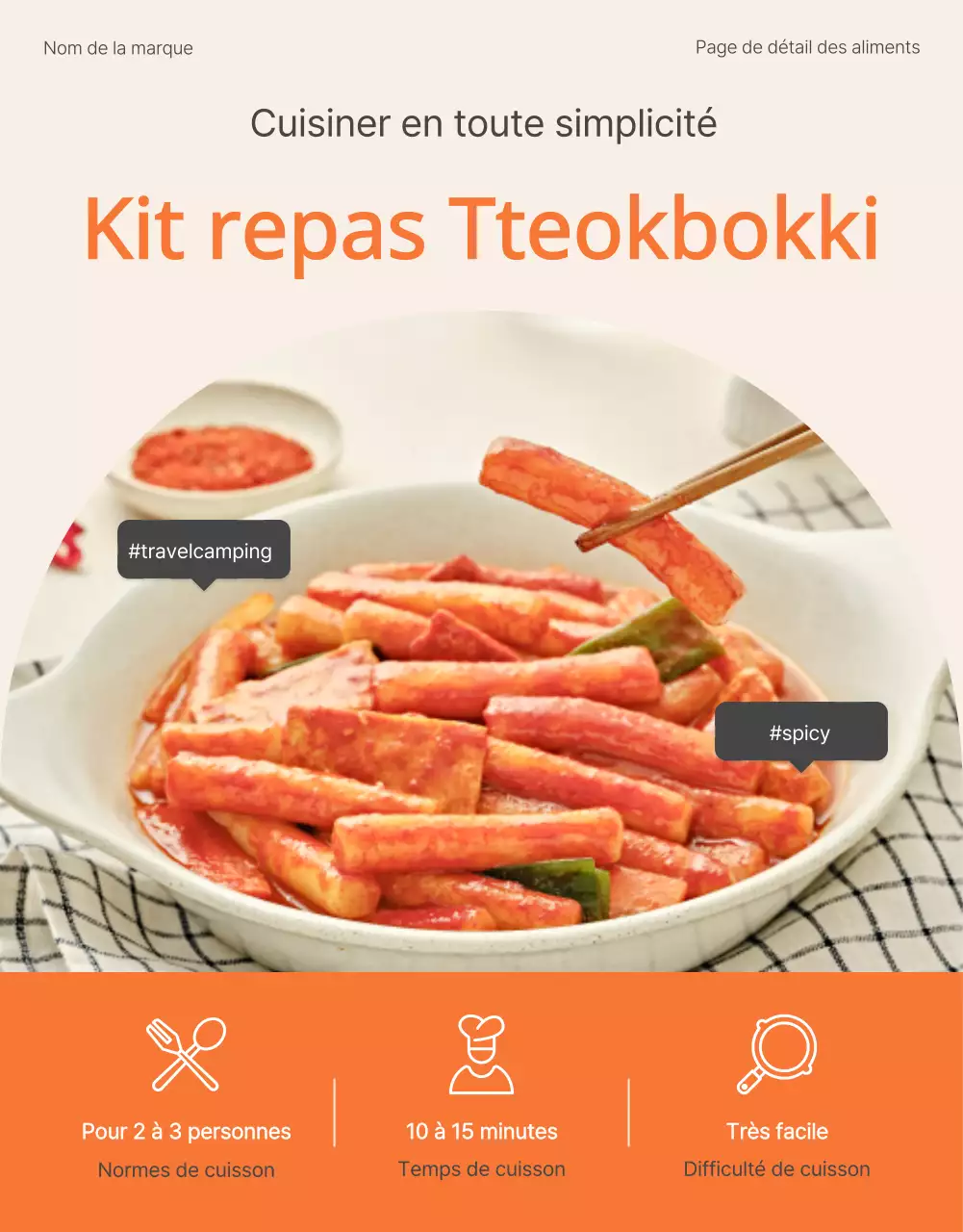 Promouvoir les kits de repas de base tteokbokki en orange et ivoire