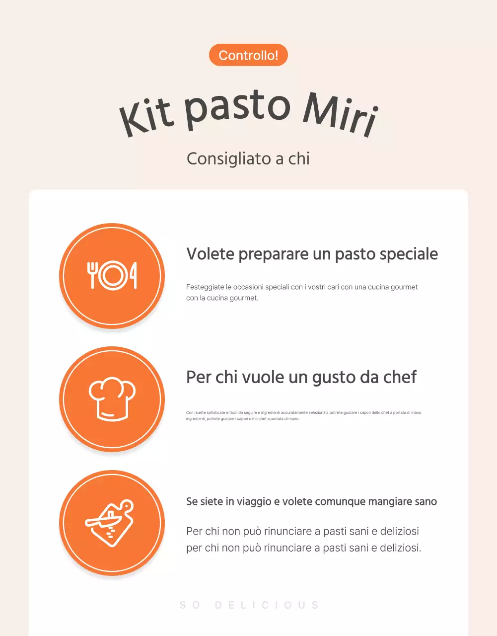 Promuovere i punti di controllo dei pasti di base di colore arancione e avorio.