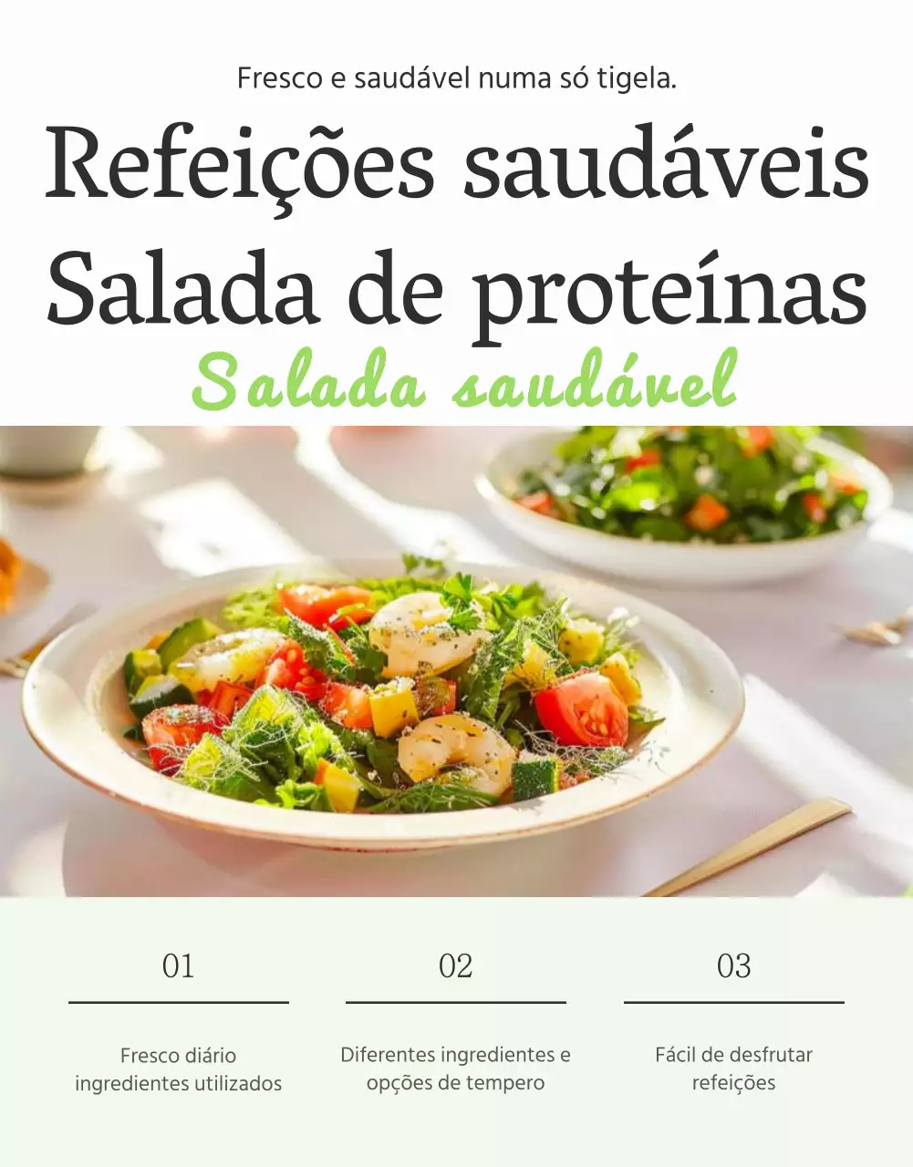 Promover uma página de pormenor de uma salada simples em branco e castanho-escuro