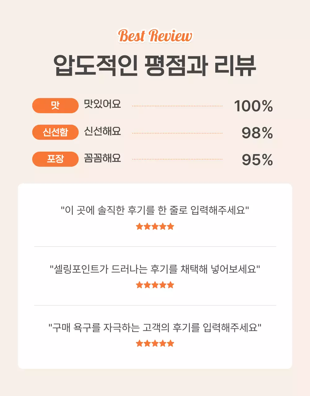 주황과 아이보리의 기본적인 밀키트 식품 리뷰 및 이벤트 홍보