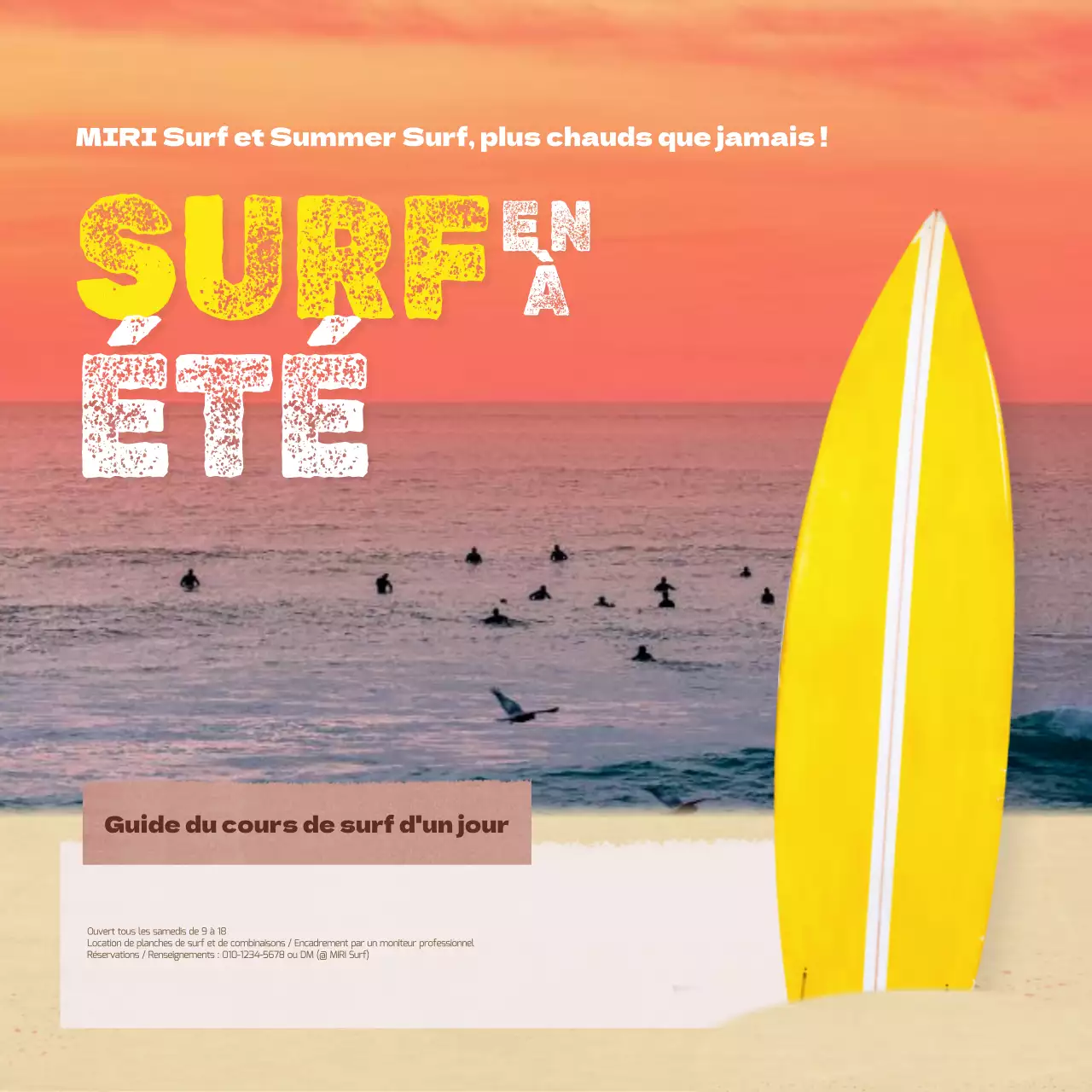 Promouvoir les cours d'une journée de surf naturel en jaune et orange