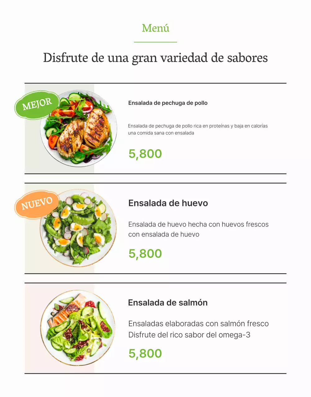 Promover una sencilla página de detalles de ensalada en blanco y chartreuse