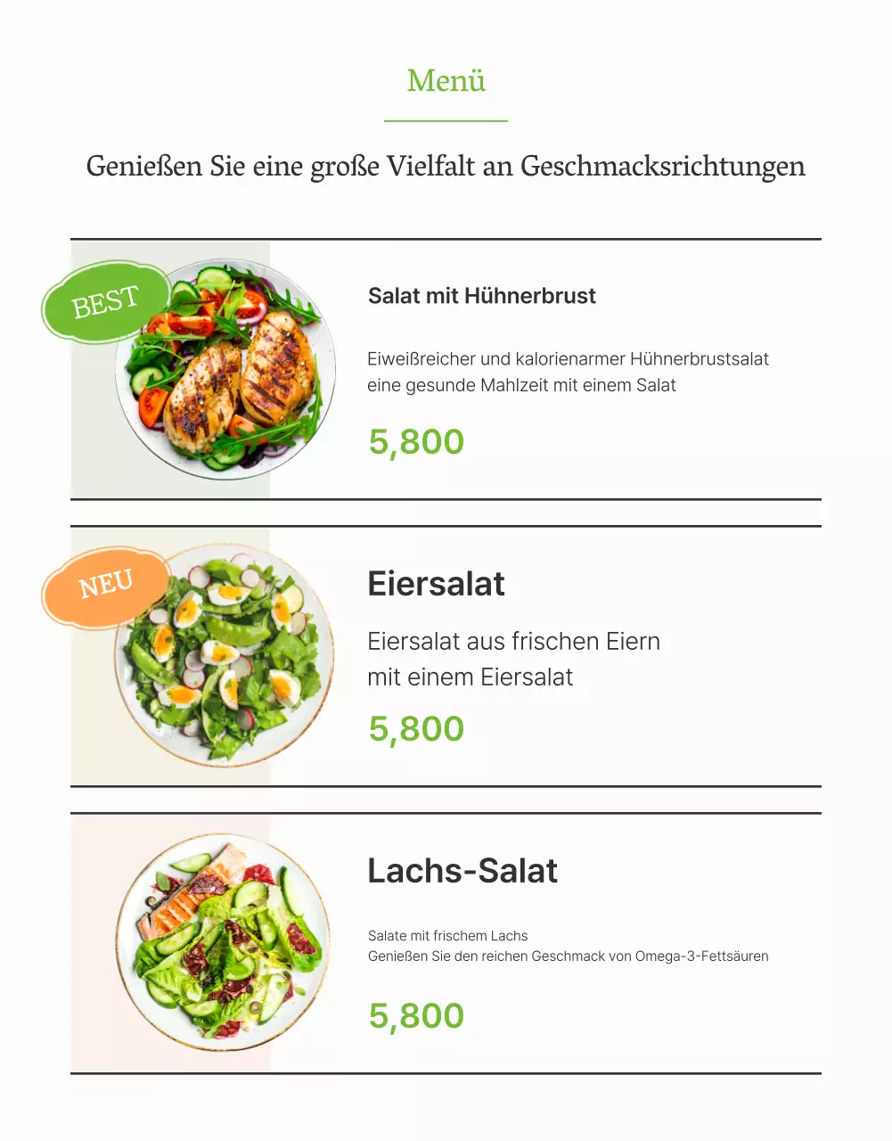 Werben Sie für eine einfache Salat-Detailseite in Weiß und Chartreuse