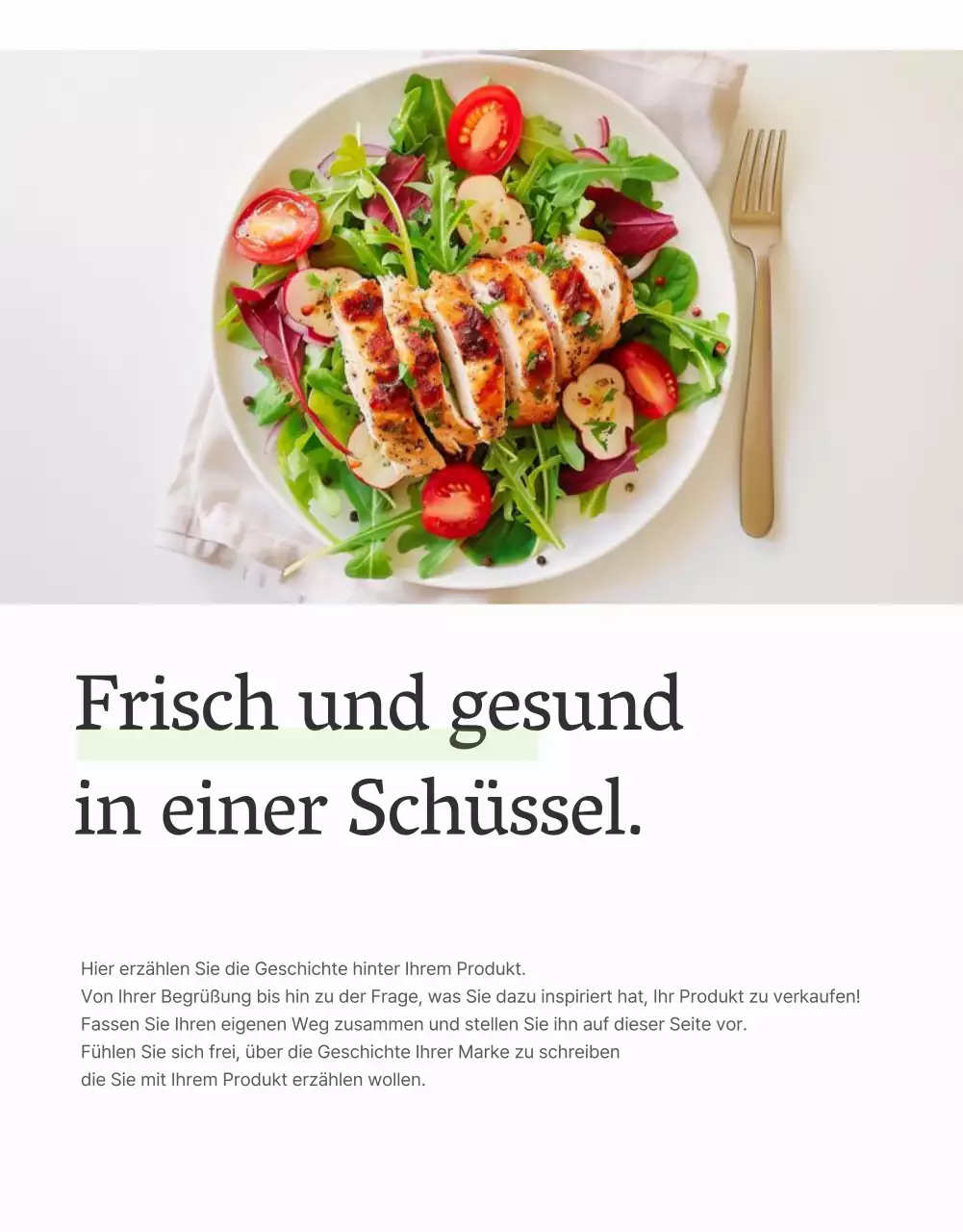 Bewerben Sie einen einfachen Salat mit weißer und chartreuser Intro-Beschreibung