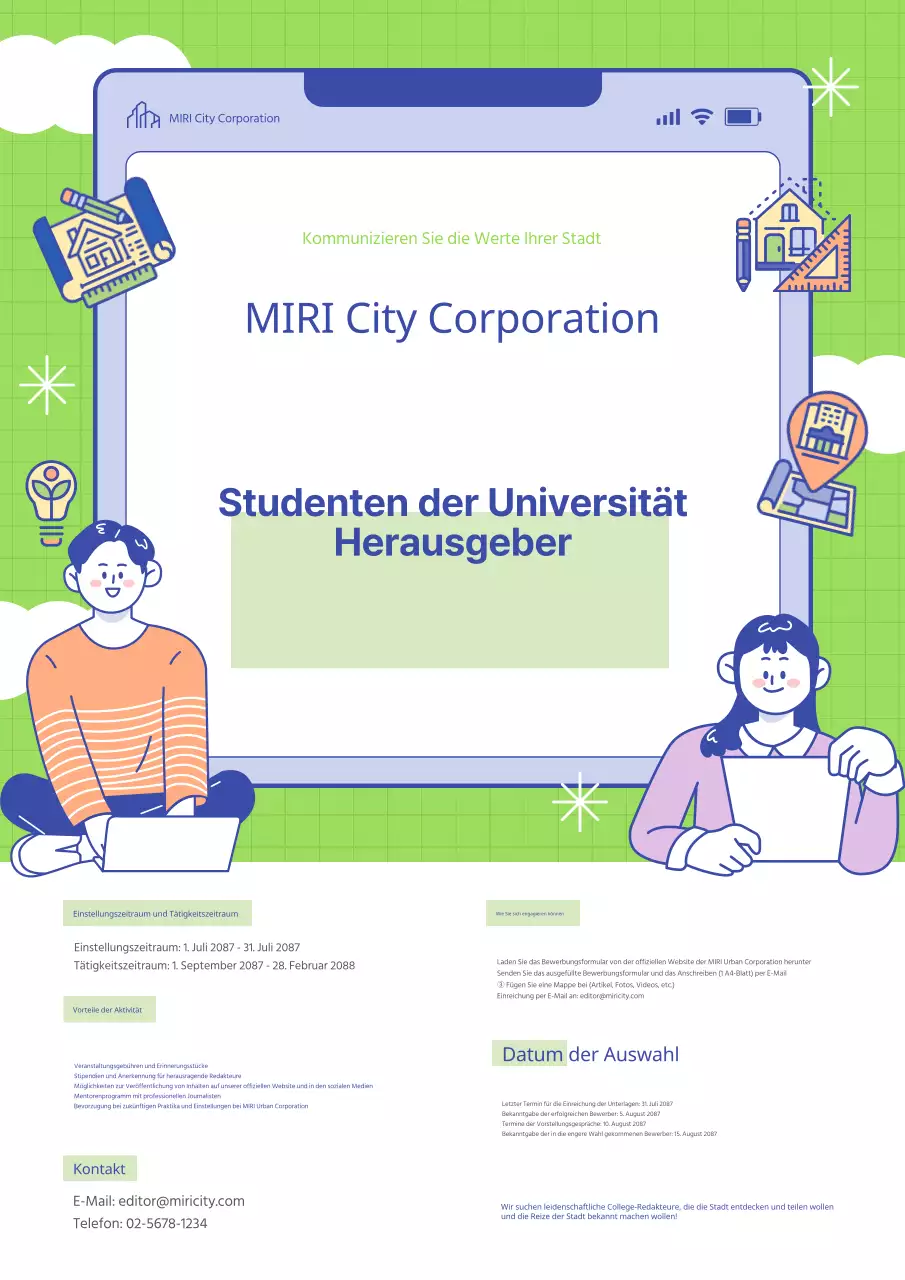 Werbung für die Einstellung einer navyblauen und chartreusefarbenen, bezaubernden College-Journalistin.