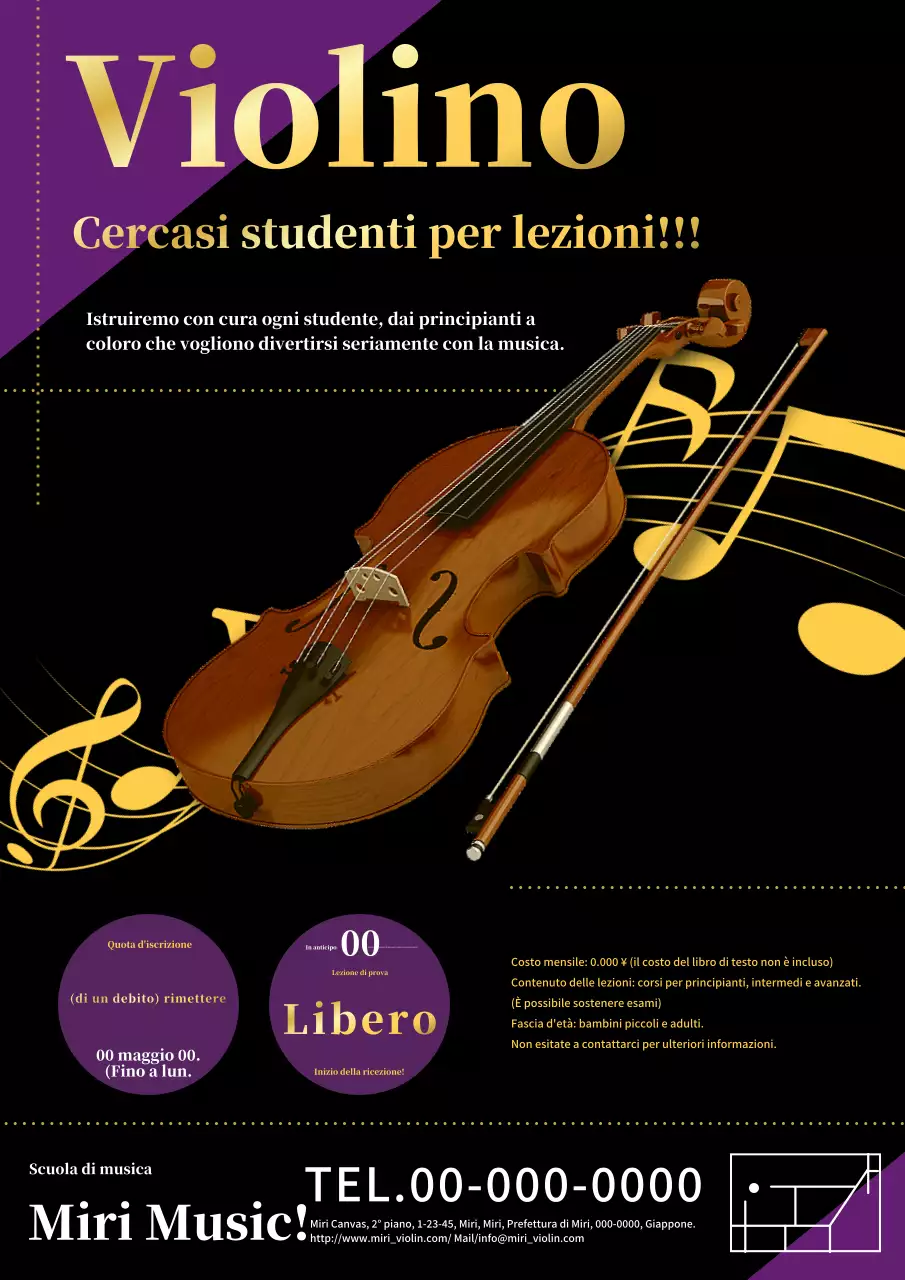 Un annuncio per lezioni di violino semplice e classico in oro e nero.