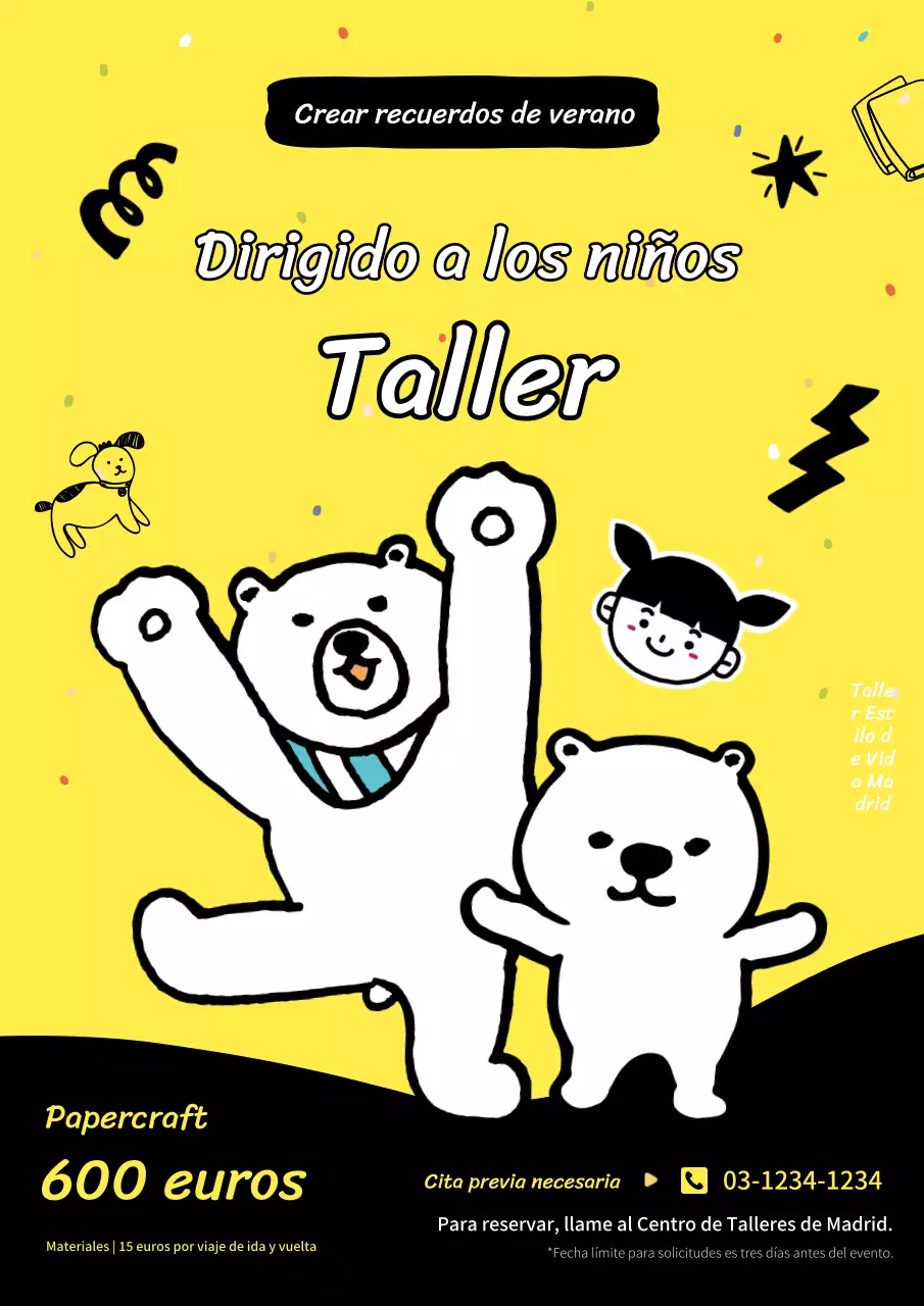 Promueva un adorable taller infantil de vacaciones de verano en amarillo, negro y blanco