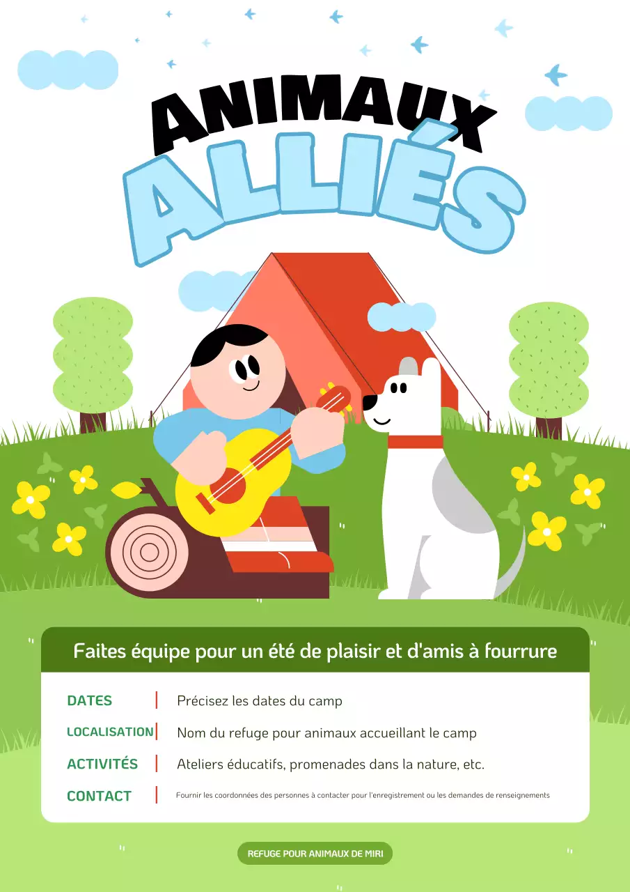 Promouvoir le camp d'été du Centre de soins animaliers en chartreuse et bleu clair.