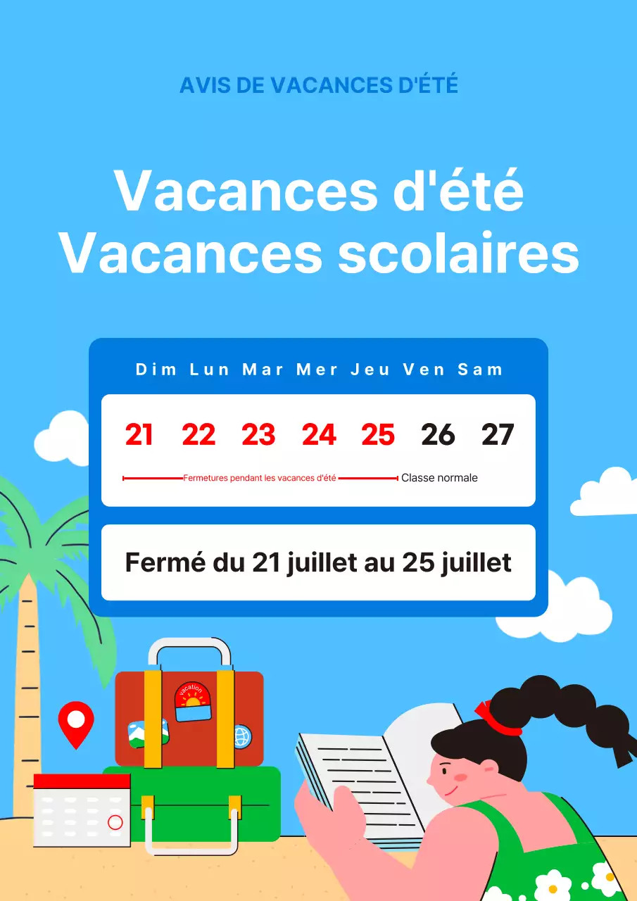Annonce de fermeture pour les vacances d'été en bleu clair et blanc