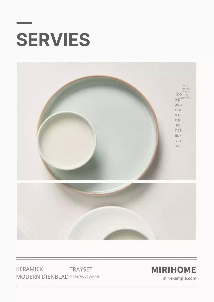 Publiciteit voor wit en grijs minimalistisch servies.