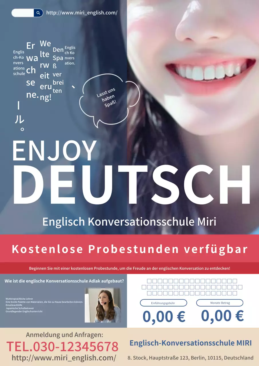 Eine moderne und anspruchsvolle Werbung für eine englische Konversationsschule in den Farben marineblau und rot.