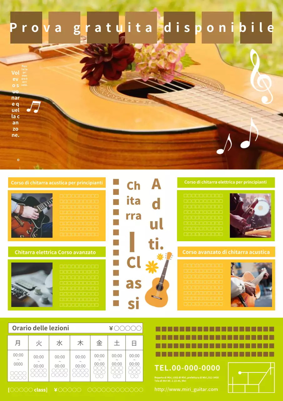 Una simpatica pubblicità di un corso di chitarra per adulti in arancione e verde.