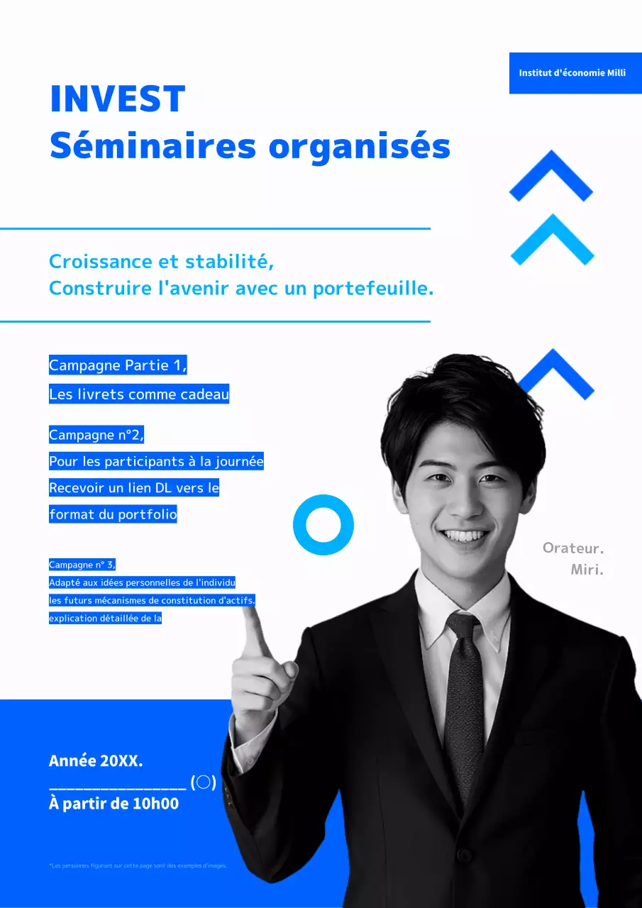 Publicité pour les séances d'information simples sur les portefeuilles d'investissement bleu et noir