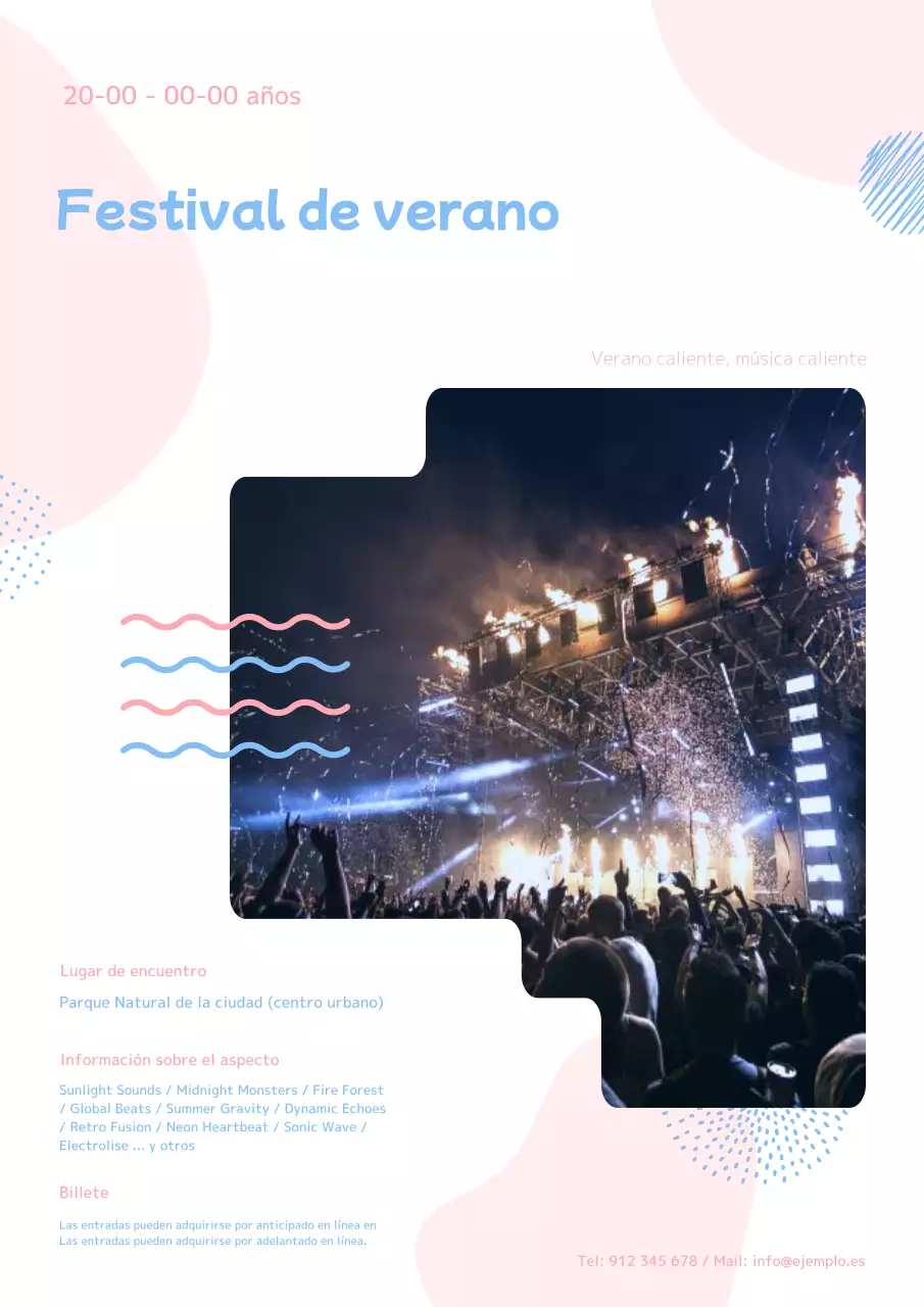 Anuncio de festivales de verano kitsch en azul claro y rosa.