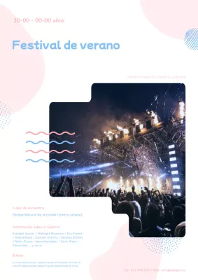 Anuncio de festivales de verano kitsch en azul claro y rosa.