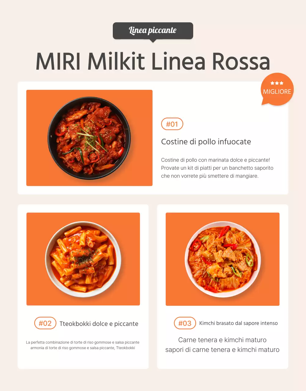 Descrivere e promuovere gli alimenti di base dei kit pasto in Orange e Ivory.