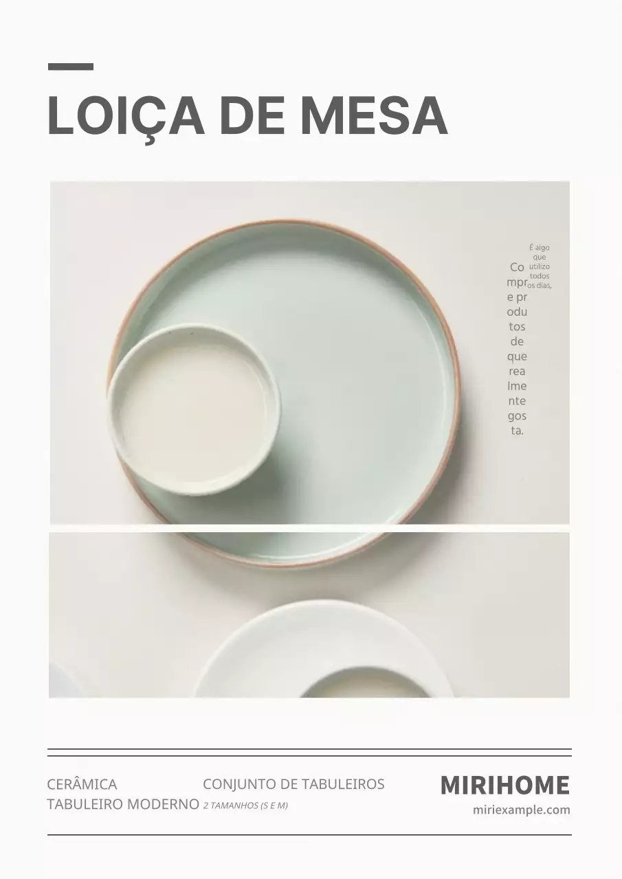 Publicidade para produtos de loiça minimalista branca e cinzenta.