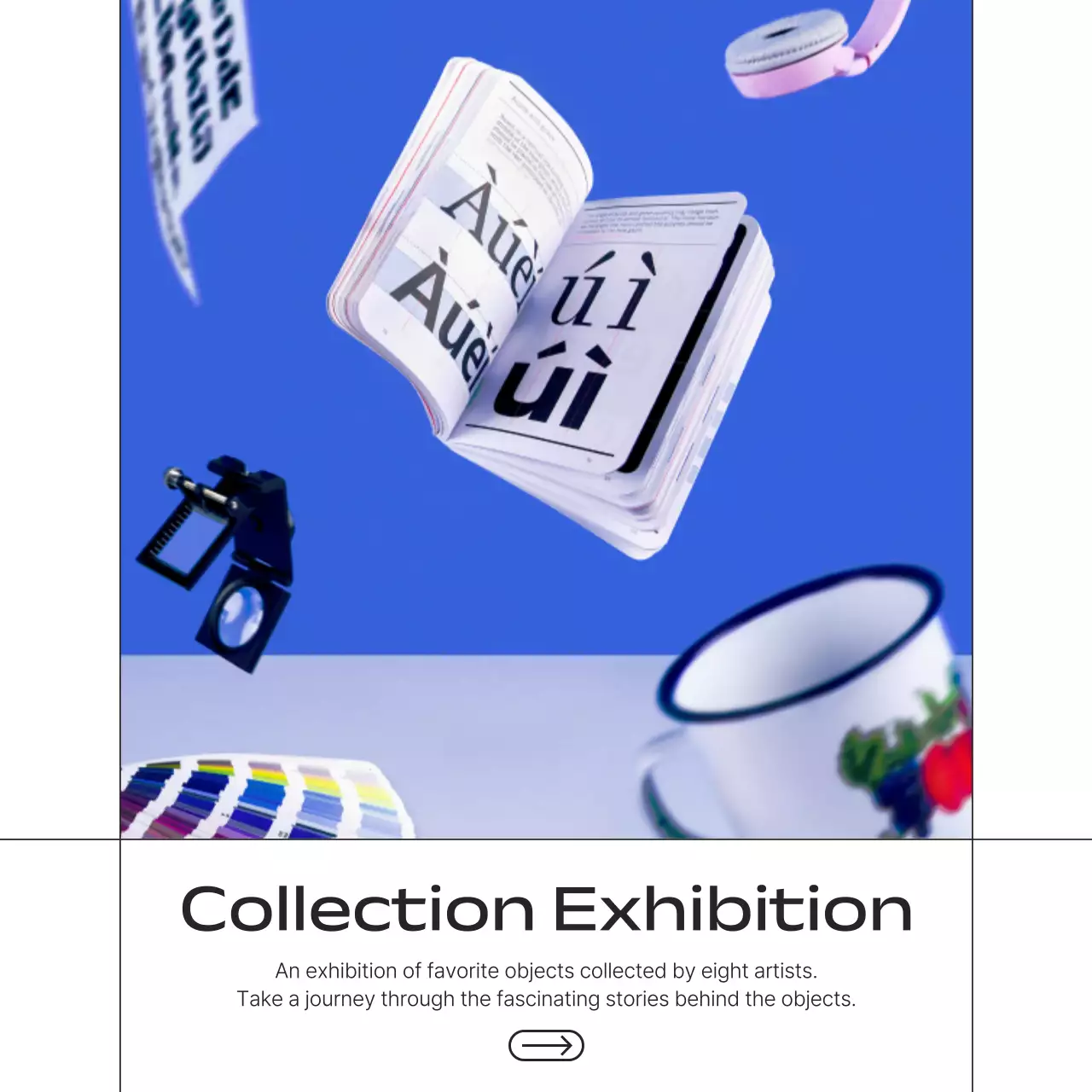 A modern blue and white exhibition promotion post