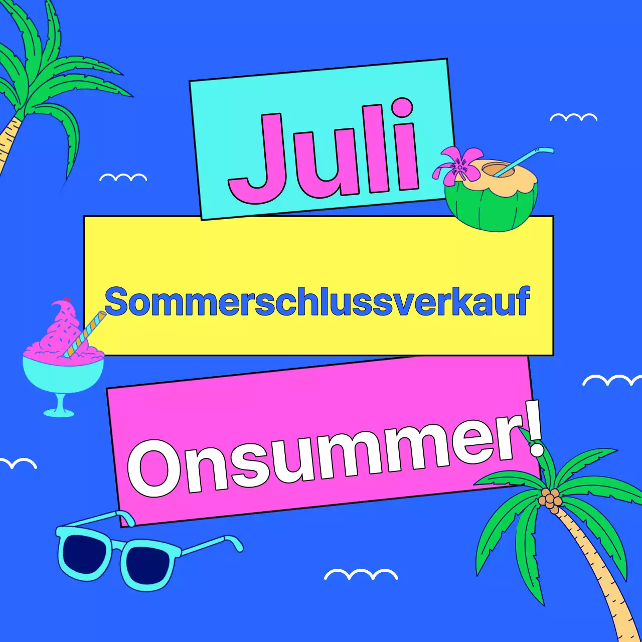 Eine Sammlung von Miniaturansichten von Sommerveranstaltungen mit einem Schwerpunkt auf Hellblau und Pink