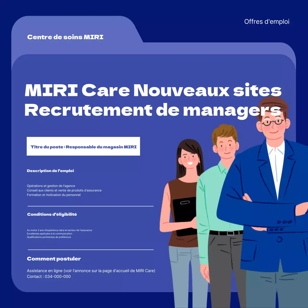 Offre d'emploi minimaliste de manager en bleu et bleu marine