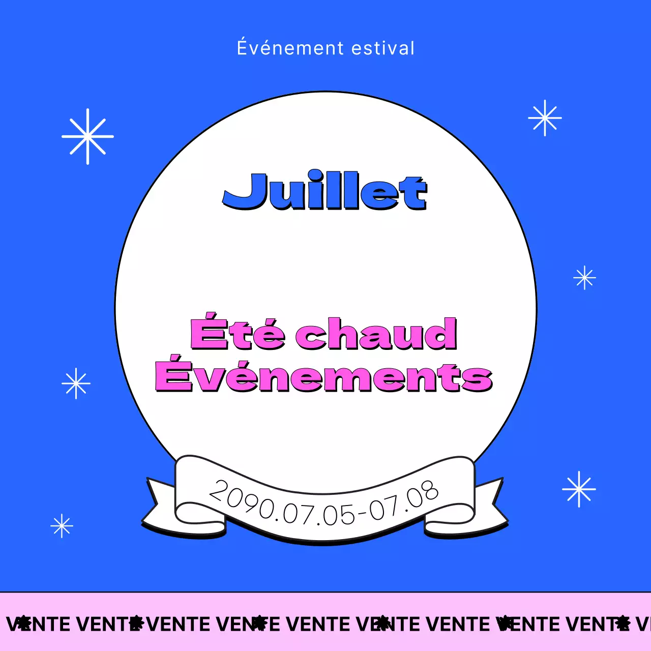 Une collection de vignettes d'événements estivaux avec un accent bleu clair et rose vif.