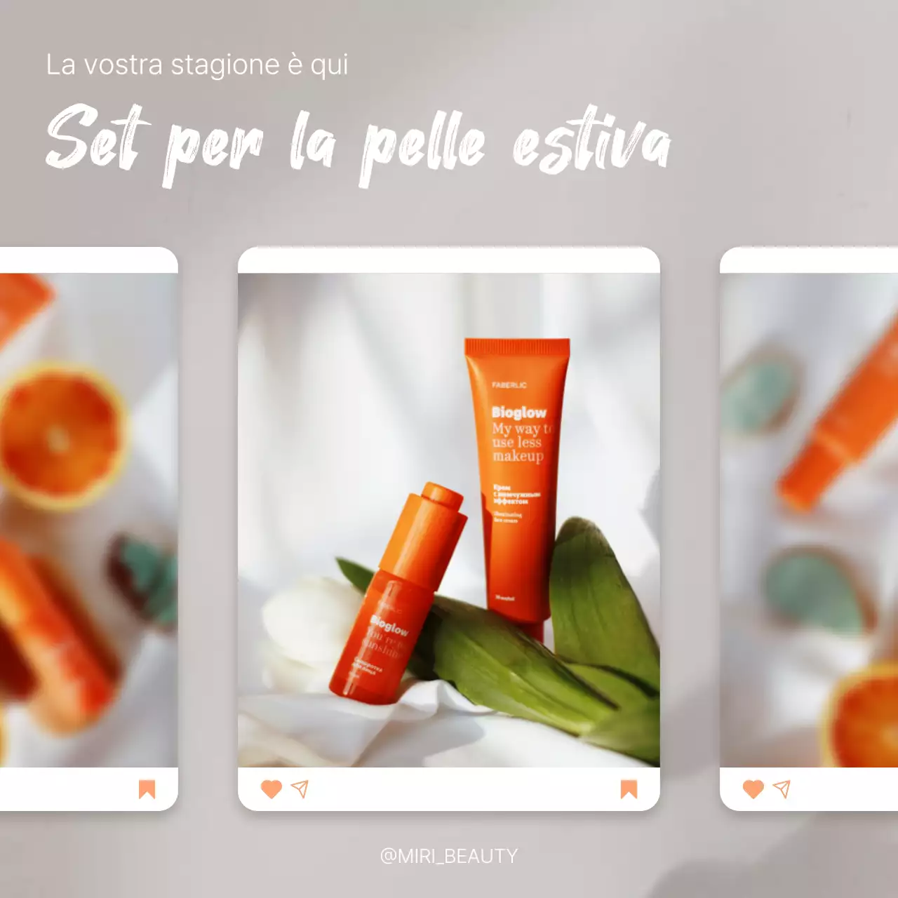 Un moderno post di promozione di cosmetici estivi in arancione e bianco