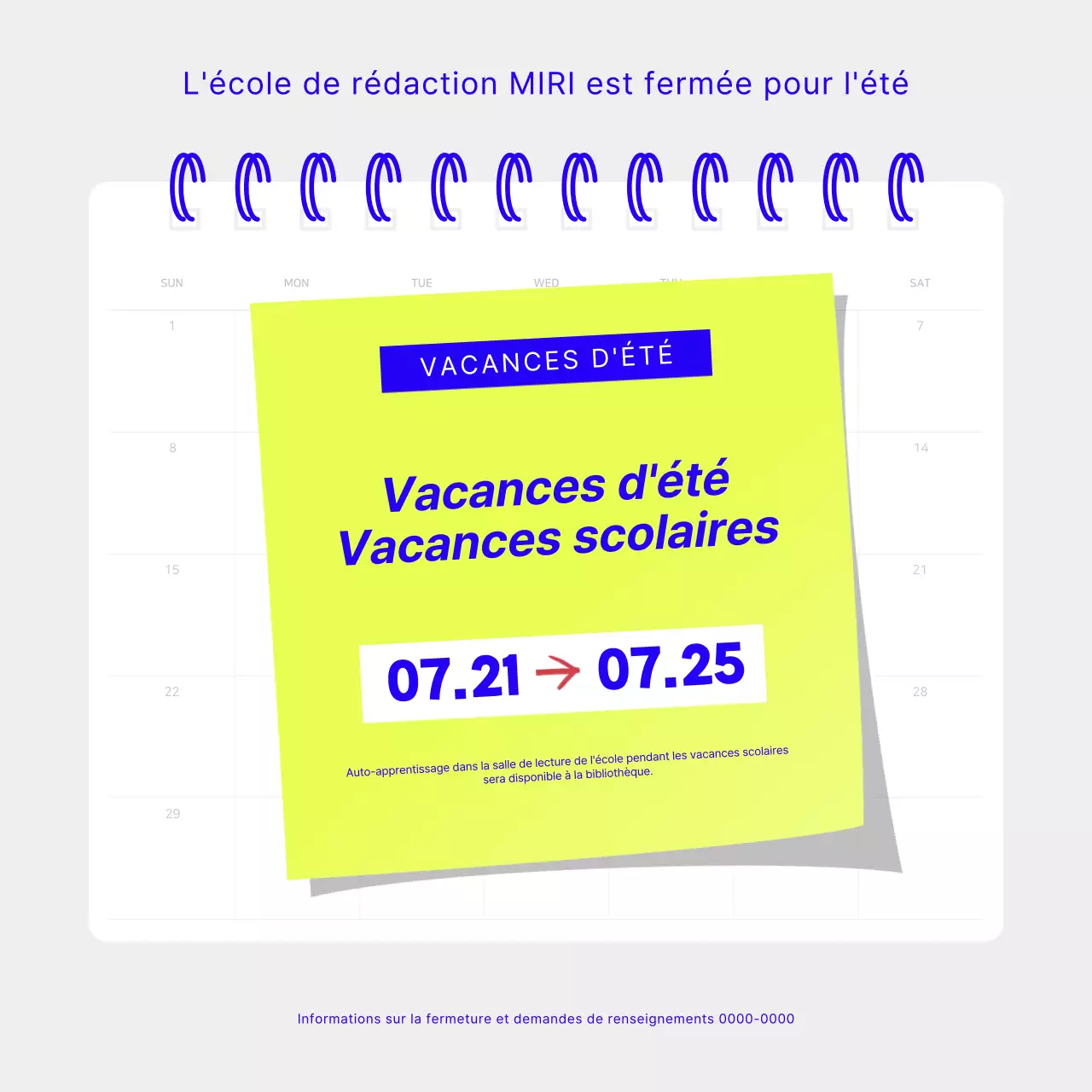 Un simple avis de vacances scolaires en chartreuse et bleu
