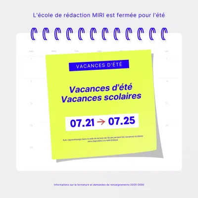 Un simple avis de vacances scolaires en chartreuse et bleu