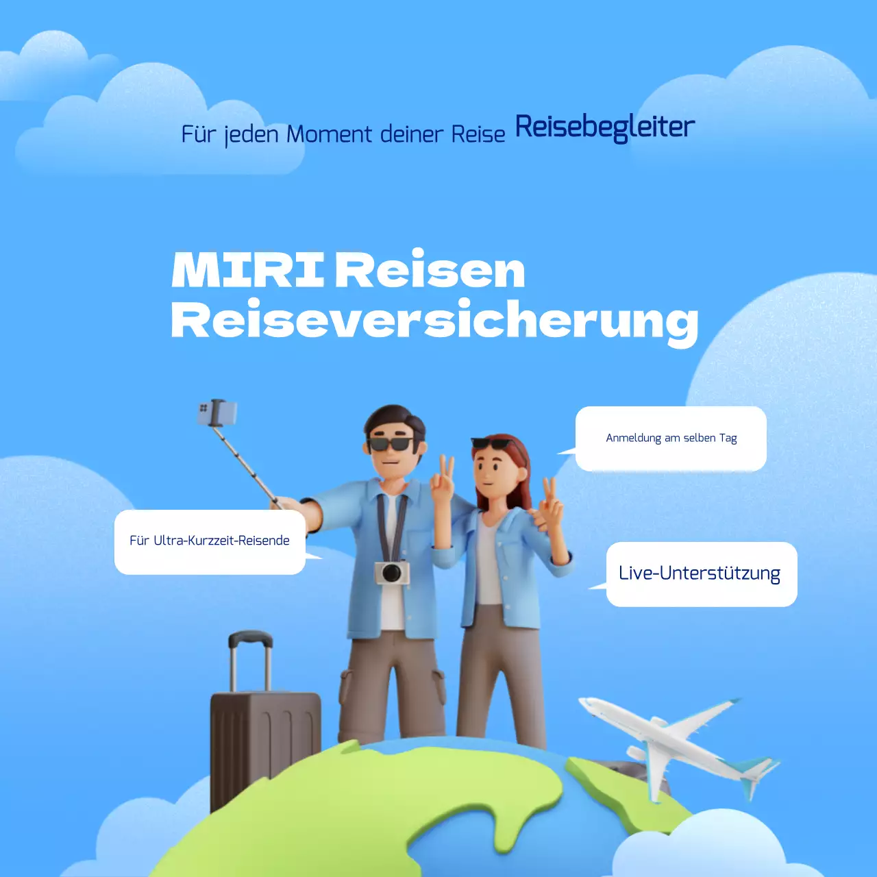 Trendige Reiseversicherungsanzeige in Blau und Weiß