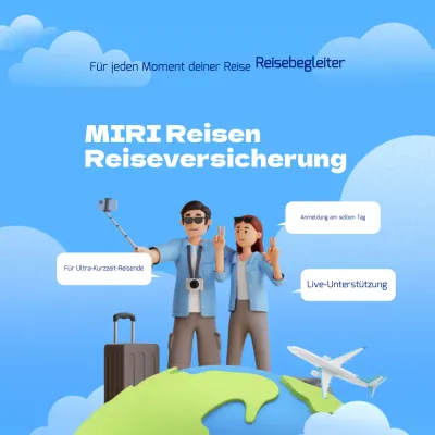 Trendige Reiseversicherungsanzeige in Blau und Weiß