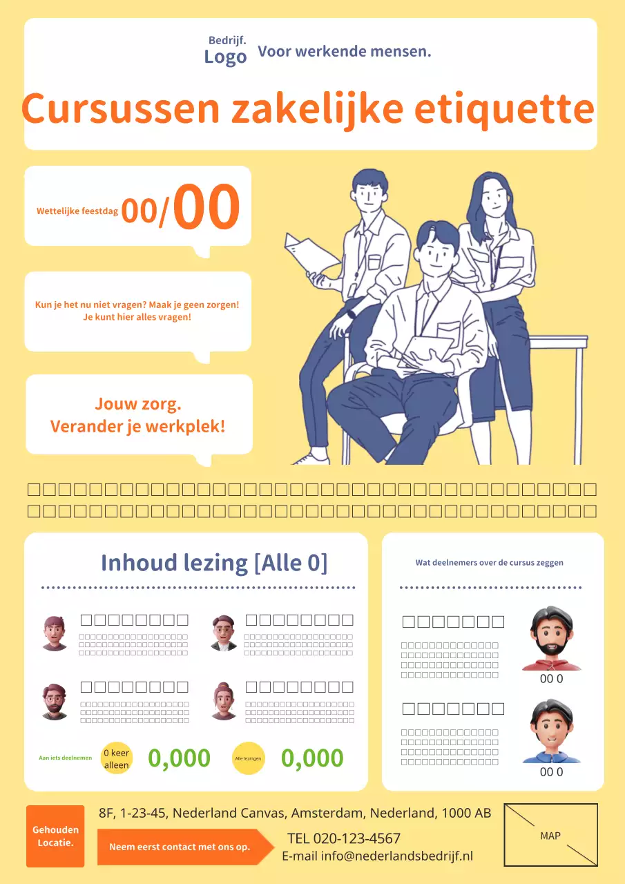 Een moderne en eenvoudige geel-oranje advertentie voor een cursus zakelijke etiquette.