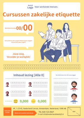 Een moderne en eenvoudige geel-oranje advertentie voor een cursus zakelijke etiquette.