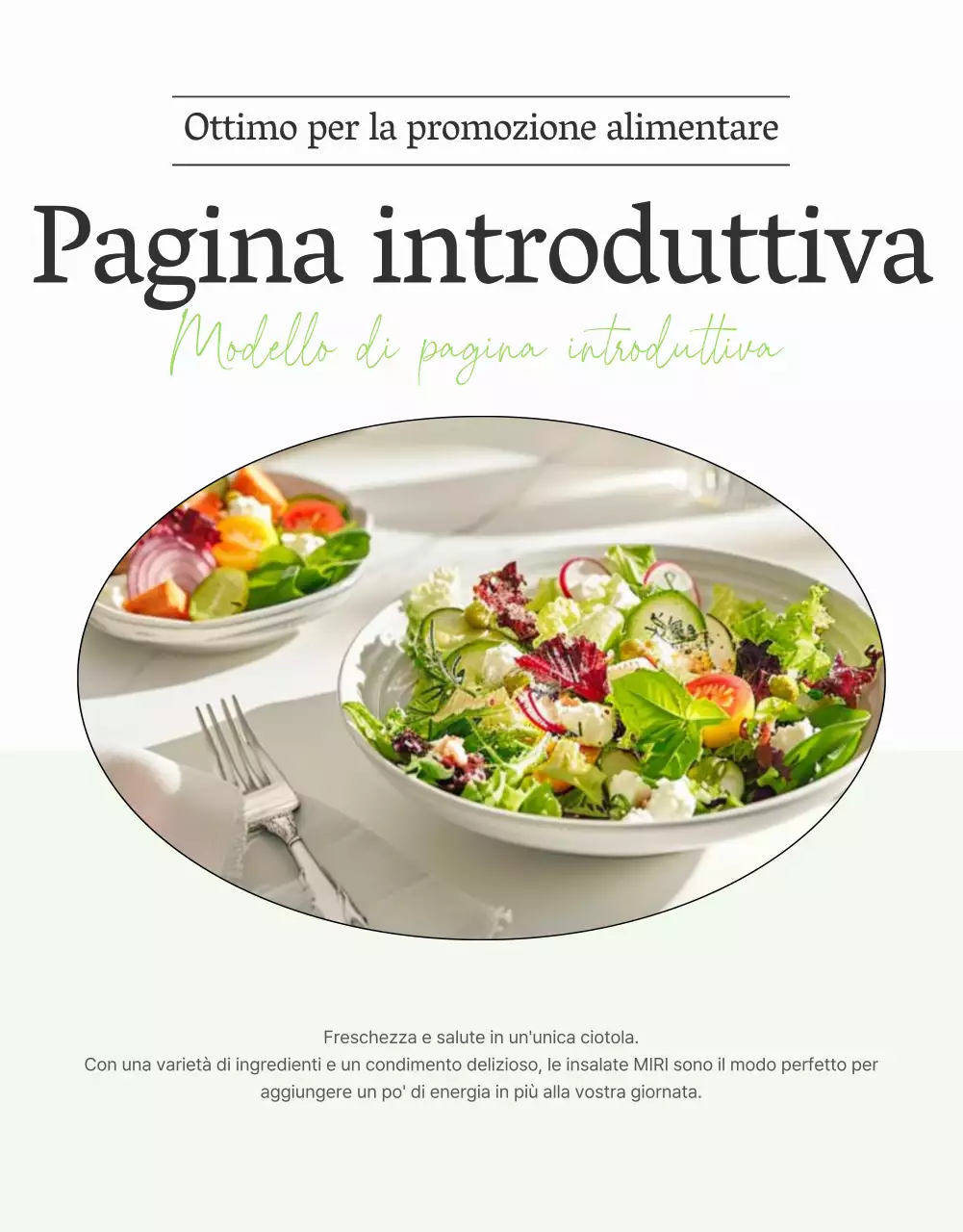 Promuovere un'insalata semplice con descrizione introduttiva bianca e chartreuse
