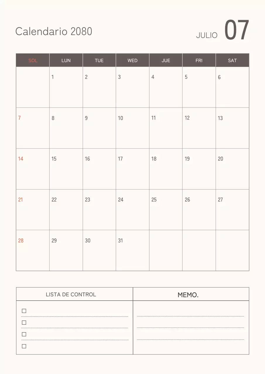 Calendario sencillo en marrón y beige.