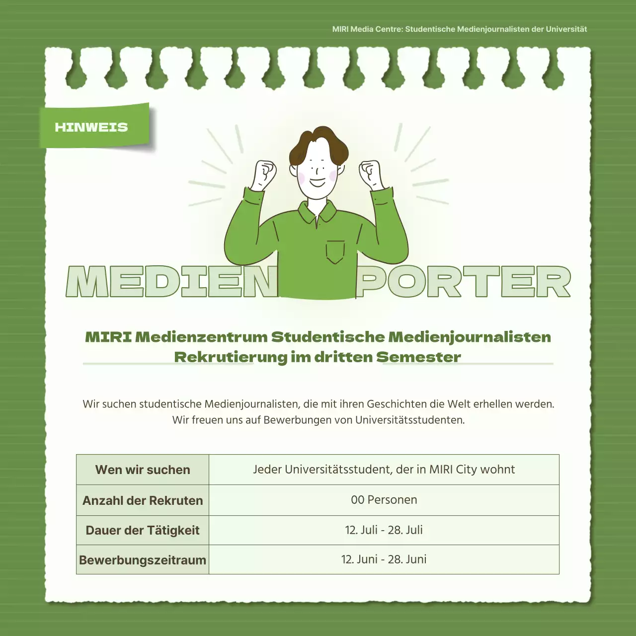 Einfache grüne und khakifarbene Rekrutierung von Studentenjournalisten