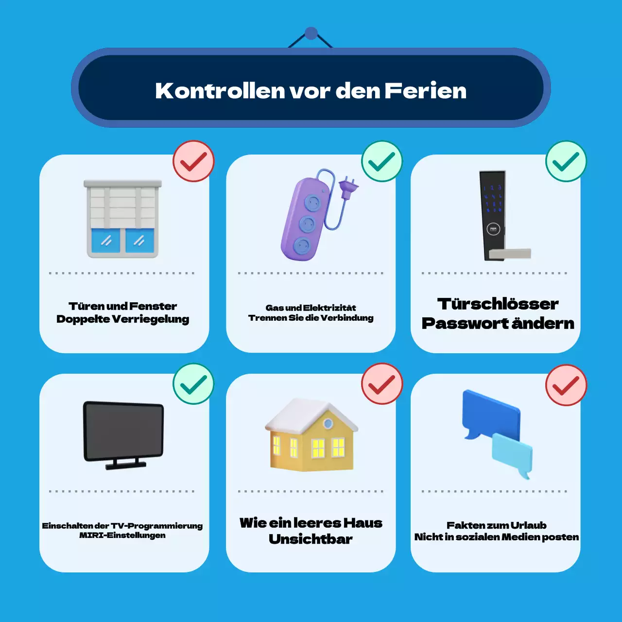 Blau hervorgehobene Sicherheitstipps für den Urlaub