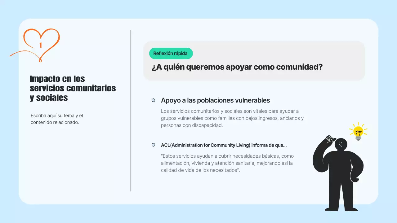 Un moderno folleto de servicios comunitarios en azul claro y naranja