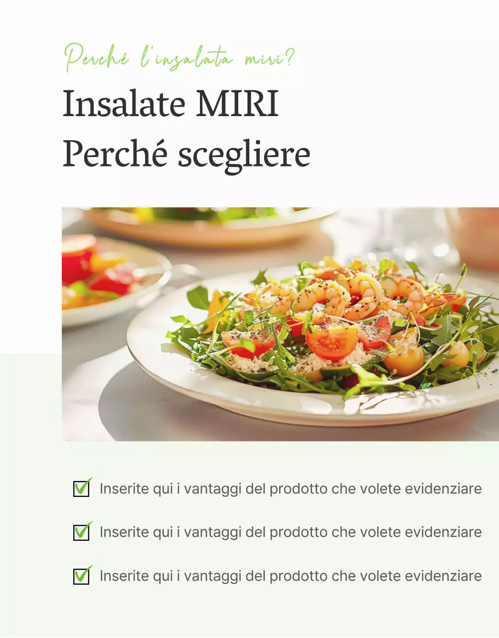 Promuovere un'insalata semplice con descrizione introduttiva bianca e chartreuse