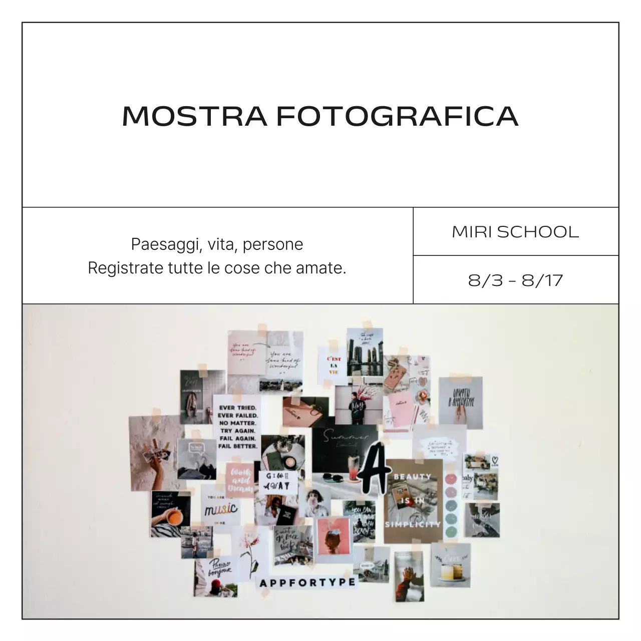 Un post di promozione della mostra minimalista in bianco e nero