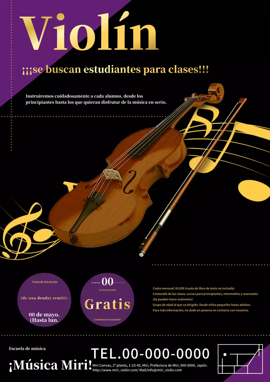 Un sencillo y clásico anuncio de clases de violín en dorado y negro.