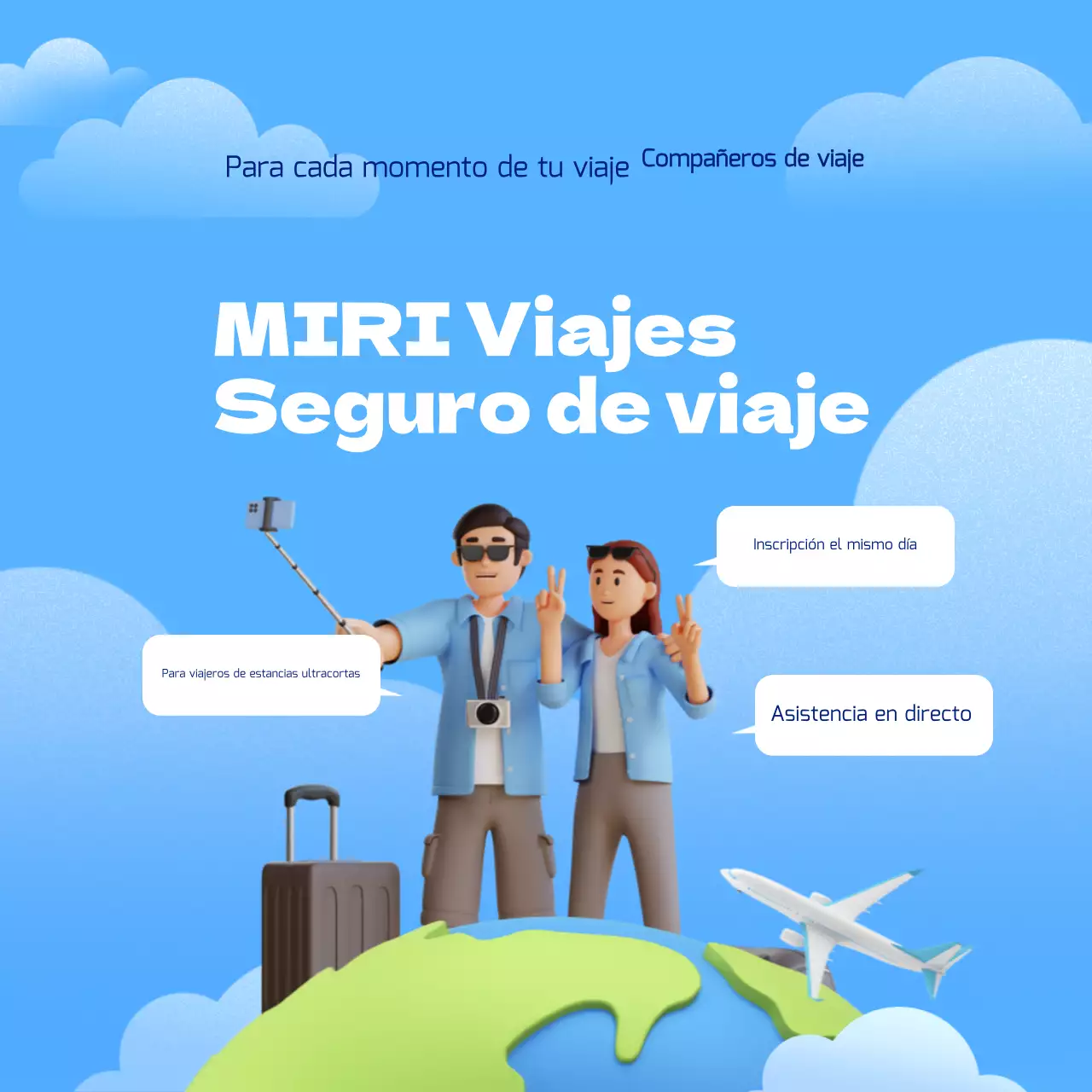 Moderno anuncio de seguro de viaje en azul y blanco